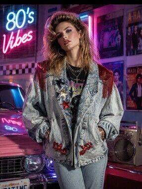 M.T.C.Vtg Embellished Denim Sequin Stars Fringe Unique Statement Jacket
